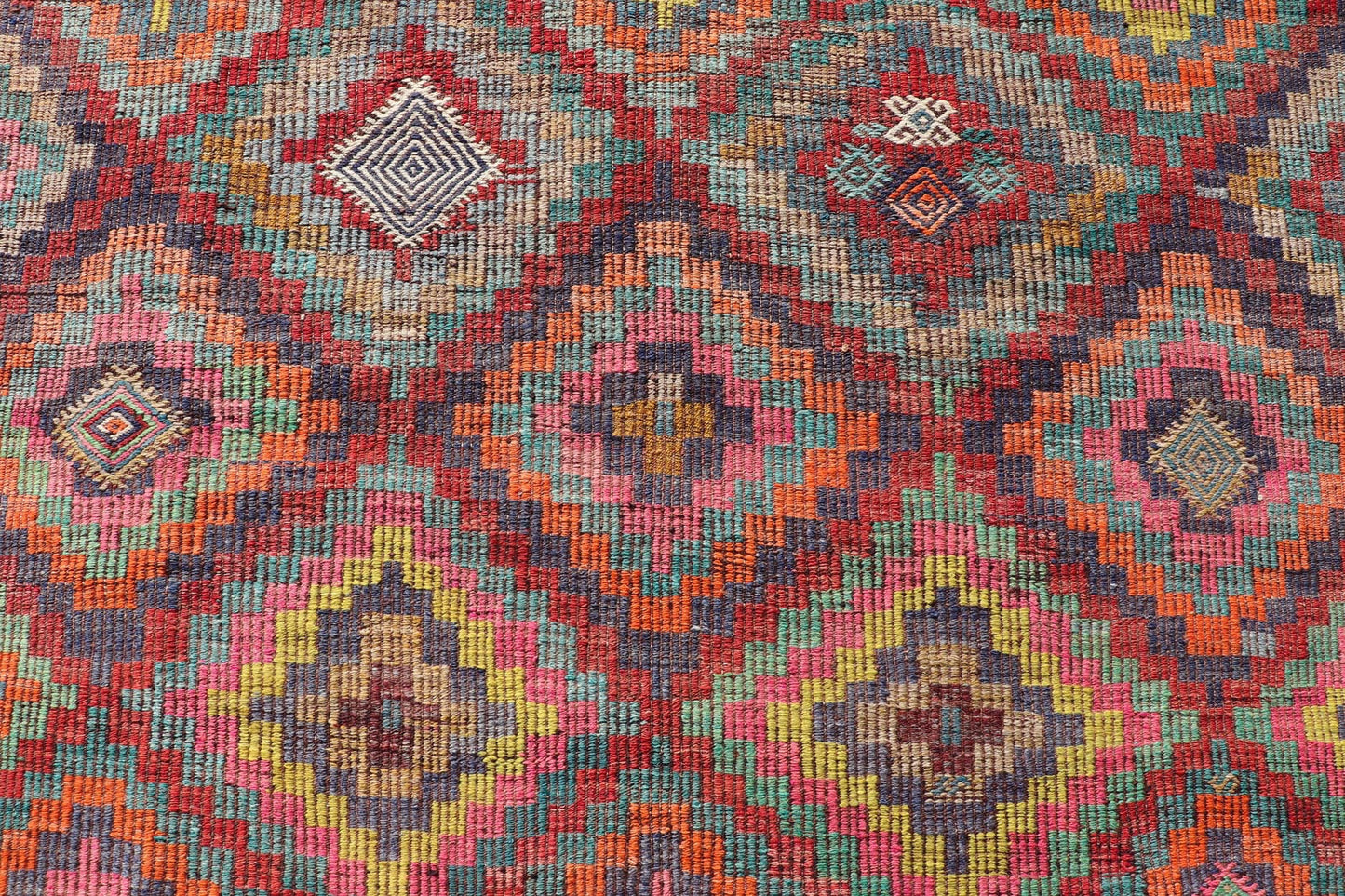 Measures: 6'5 x 8'9 Colorful Vintage Turkish Flat - Weave Tribal Modern Kilim with Embroideries. Keivan Woven Arts / rug TU - NED - 4698, country of origin / type: Turkey / Kilim, circa mid - 20th Century. Rendered in diamond shapes with a spotted a... - Keivan Woven ArtsTU - NED - 4698 - 22159Rug
