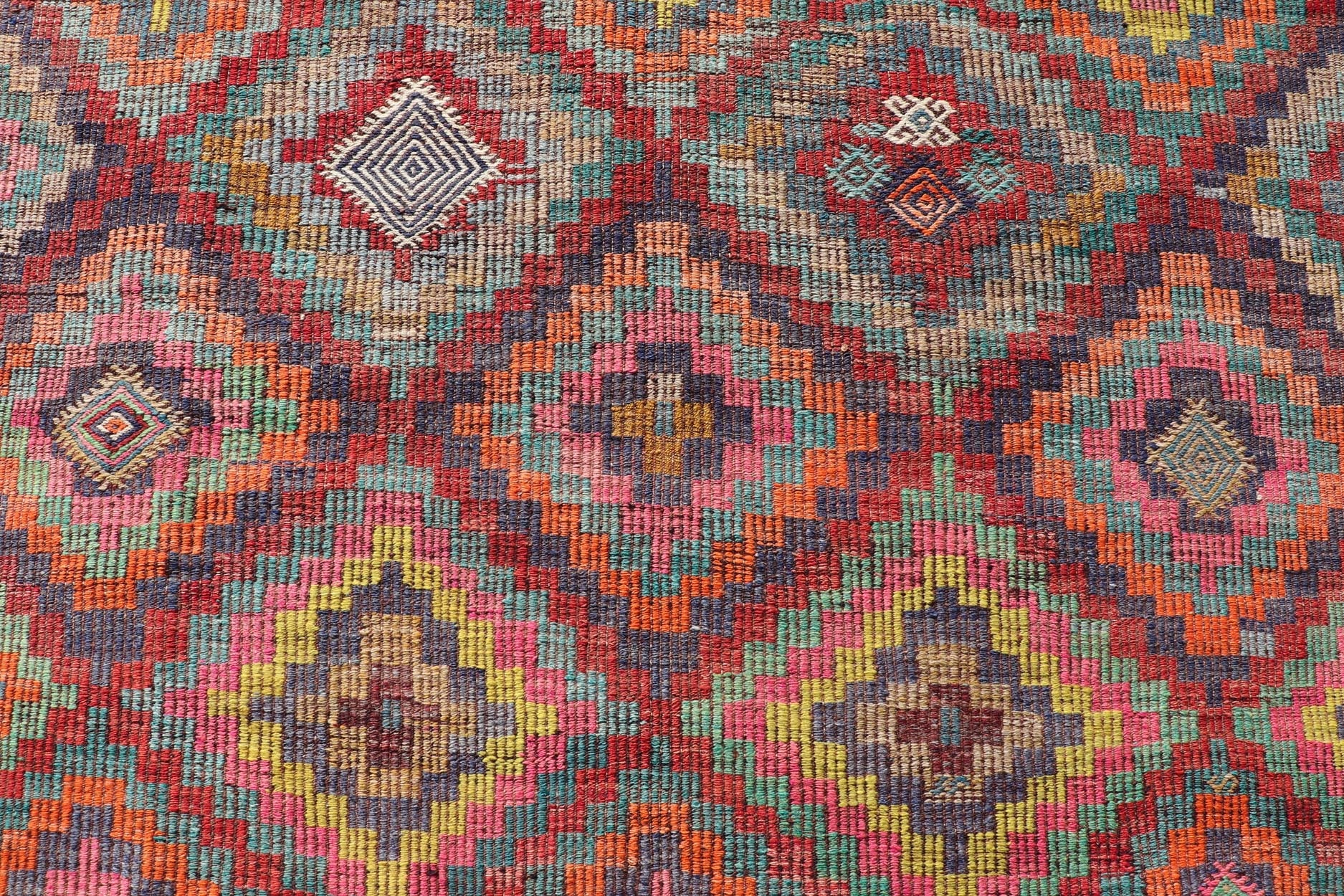 Measures: 6'5 x 8'9 Colorful Vintage Turkish Flat - Weave Tribal Modern Kilim with Embroideries. Keivan Woven Arts / rug TU - NED - 4698, country of origin / type: Turkey / Kilim, circa mid - 20th Century. Rendered in diamond shapes with a spotted a... - Keivan Woven ArtsTU - NED - 4698 - 22159Rug