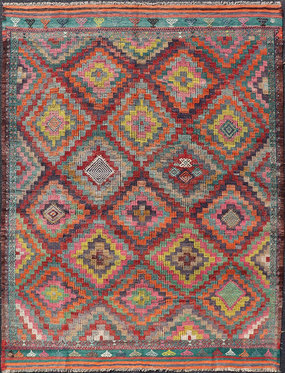 Measures: 6'5 x 8'9 Colorful Vintage Turkish Flat - Weave Tribal Modern Kilim with Embroideries. Keivan Woven Arts / rug TU - NED - 4698, country of origin / type: Turkey / Kilim, circa mid - 20th Century. Rendered in diamond shapes with a spotted a... - Keivan Woven ArtsTU - NED - 4698 - 22159Rug
