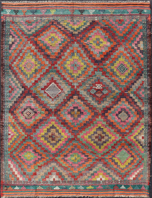 Measures: 6'5 x 8'9 Colorful Vintage Turkish Flat - Weave Tribal Modern Kilim with Embroideries. Keivan Woven Arts / rug TU - NED - 4698, country of origin / type: Turkey / Kilim, circa mid - 20th Century. Rendered in diamond shapes with a spotted a... - Keivan Woven ArtsTU - NED - 4698 - 22159Rug