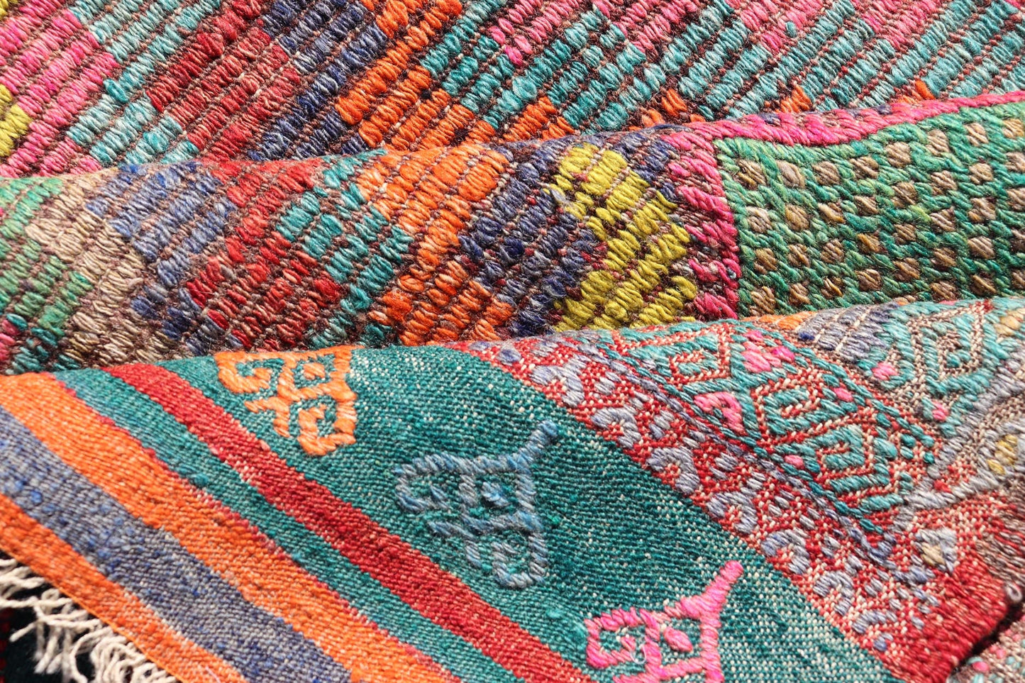 Measures: 6'5 x 8'9 Colorful Vintage Turkish Flat - Weave Tribal Modern Kilim with Embroideries. Keivan Woven Arts / rug TU - NED - 4698, country of origin / type: Turkey / Kilim, circa mid - 20th Century. Rendered in diamond shapes with a spotted a... - Keivan Woven ArtsTU - NED - 4698 - 22159Rug