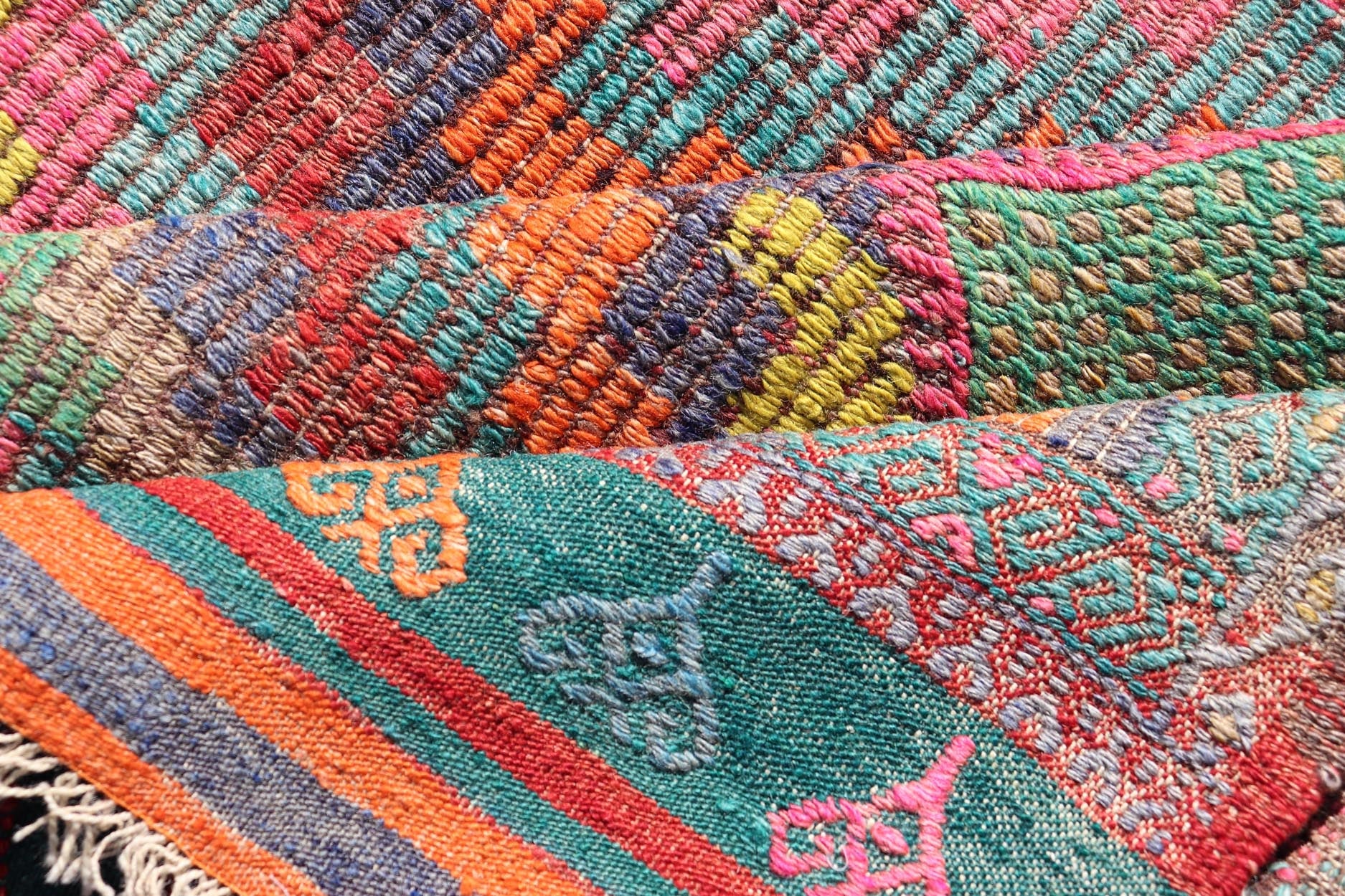 Measures: 6'5 x 8'9 Colorful Vintage Turkish Flat - Weave Tribal Modern Kilim with Embroideries. Keivan Woven Arts / rug TU - NED - 4698, country of origin / type: Turkey / Kilim, circa mid - 20th Century. Rendered in diamond shapes with a spotted a... - Keivan Woven ArtsTU - NED - 4698 - 22159Rug