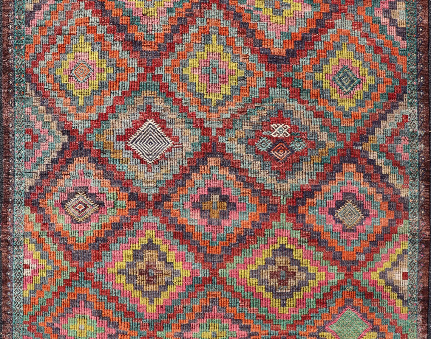 Measures: 6'5 x 8'9 Colorful Vintage Turkish Flat - Weave Tribal Modern Kilim with Embroideries. Keivan Woven Arts / rug TU - NED - 4698, country of origin / type: Turkey / Kilim, circa mid - 20th Century. Rendered in diamond shapes with a spotted a... - Keivan Woven ArtsTU - NED - 4698 - 22159Rug
