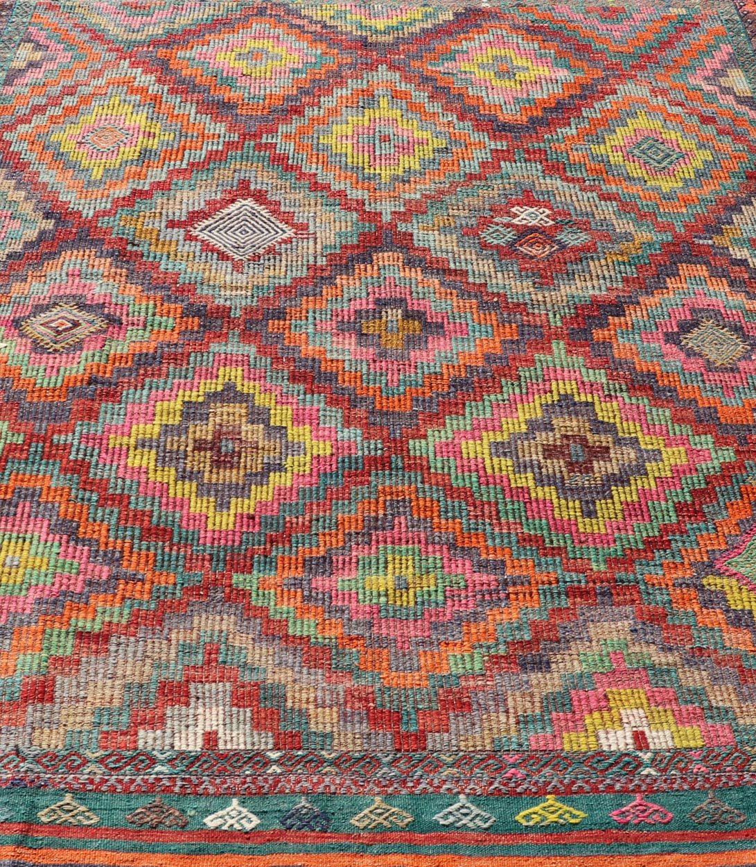Measures: 6'5 x 8'9 Colorful Vintage Turkish Flat - Weave Tribal Modern Kilim with Embroideries. Keivan Woven Arts / rug TU - NED - 4698, country of origin / type: Turkey / Kilim, circa mid - 20th Century. Rendered in diamond shapes with a spotted a... - Keivan Woven ArtsTU - NED - 4698 - 22159Rug