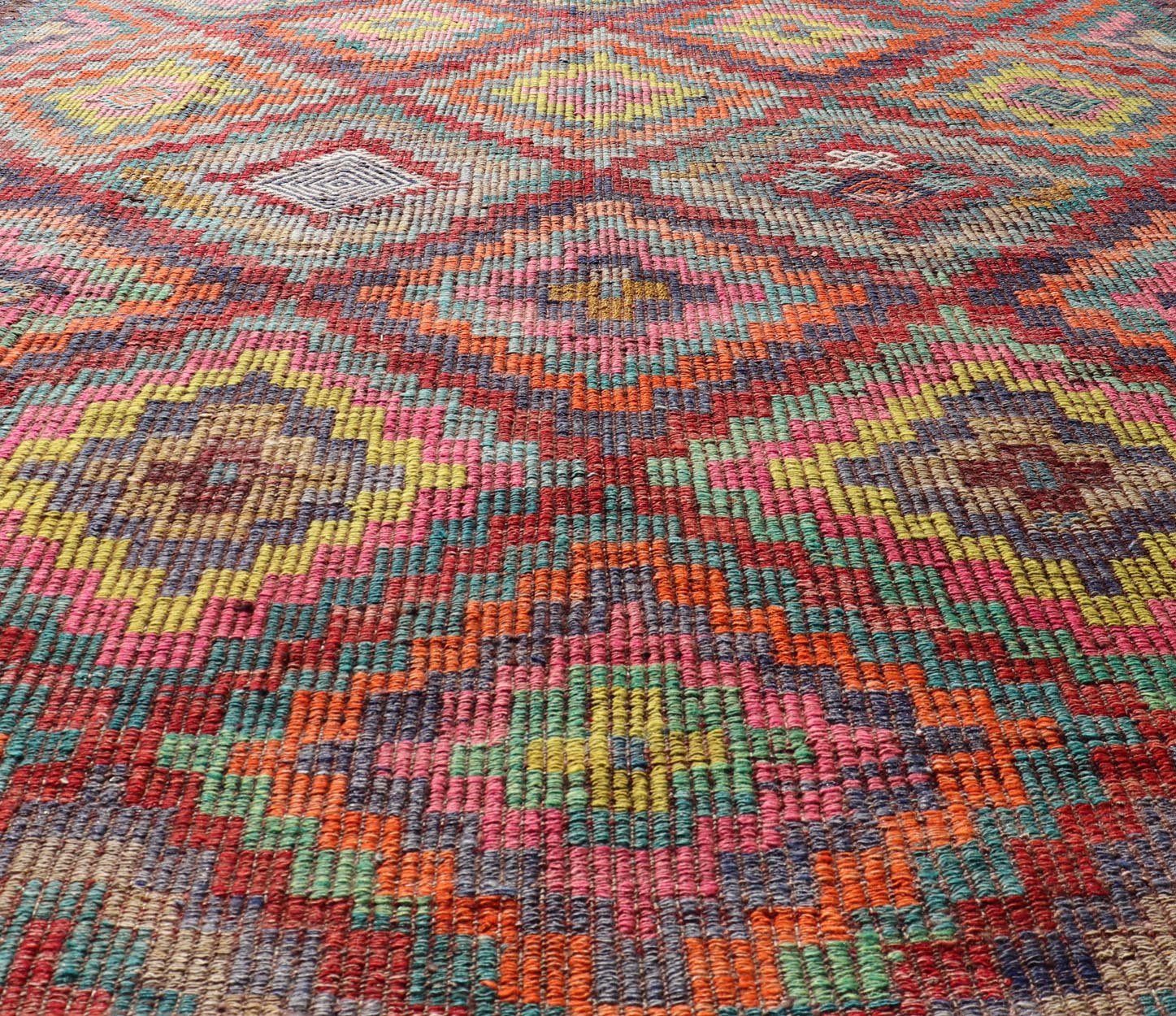 Measures: 6'5 x 8'9 Colorful Vintage Turkish Flat - Weave Tribal Modern Kilim with Embroideries. Keivan Woven Arts / rug TU - NED - 4698, country of origin / type: Turkey / Kilim, circa mid - 20th Century. Rendered in diamond shapes with a spotted a... - Keivan Woven ArtsTU - NED - 4698 - 22159Rug