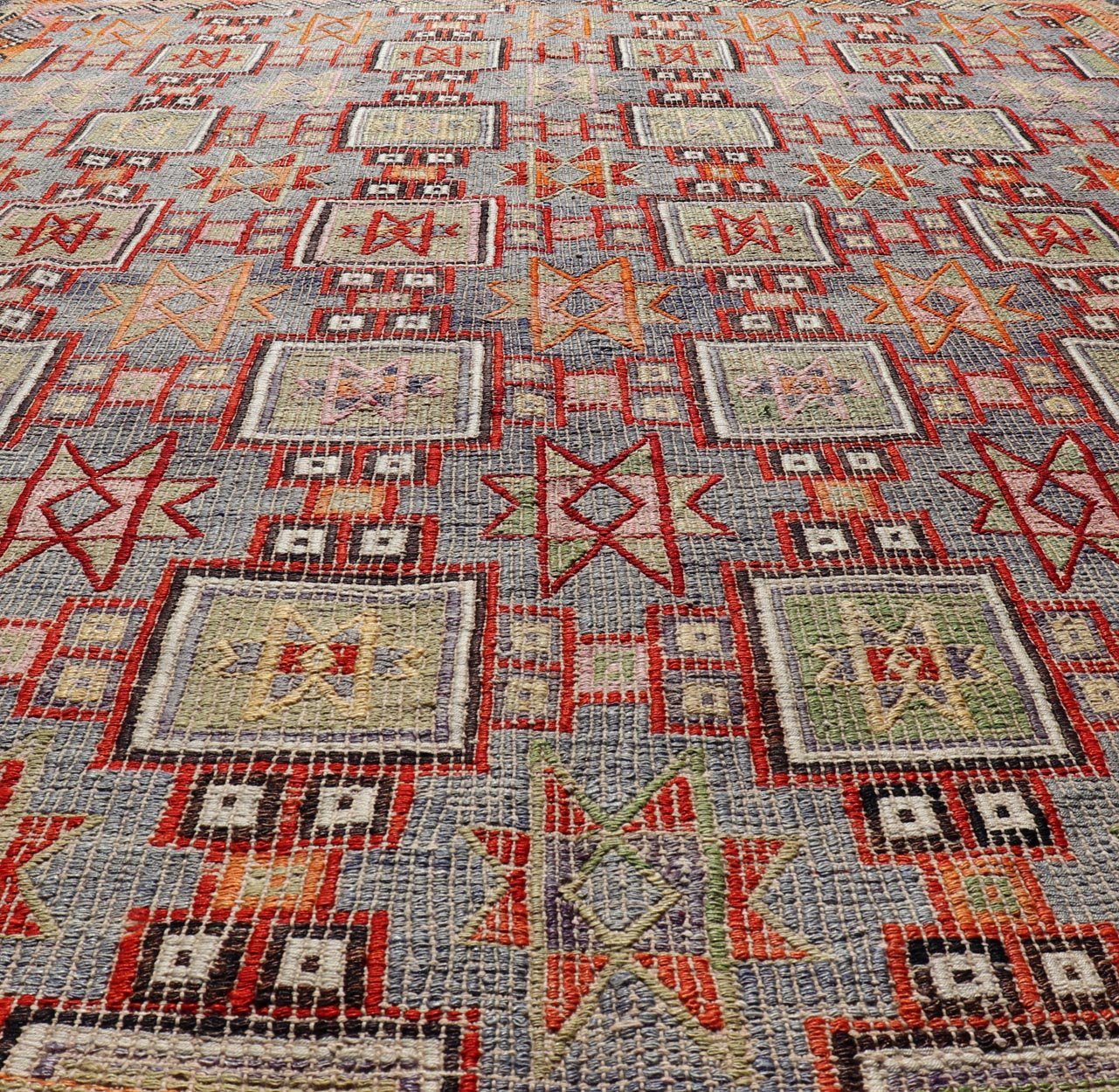 Measures: 6'4 x 8'9 Colorful Vintage Turkish Kilim Embroidered with Star Design in Gray and Green. Keivan Woven Arts / rug / TU - NED - 4699, country of origin / type: Turkey / Kilim, circa 1950 Featuring tribal shapes of stars and boxes with a spot... - Keivan Woven ArtsTU - NED - 4699 - 22165Rug