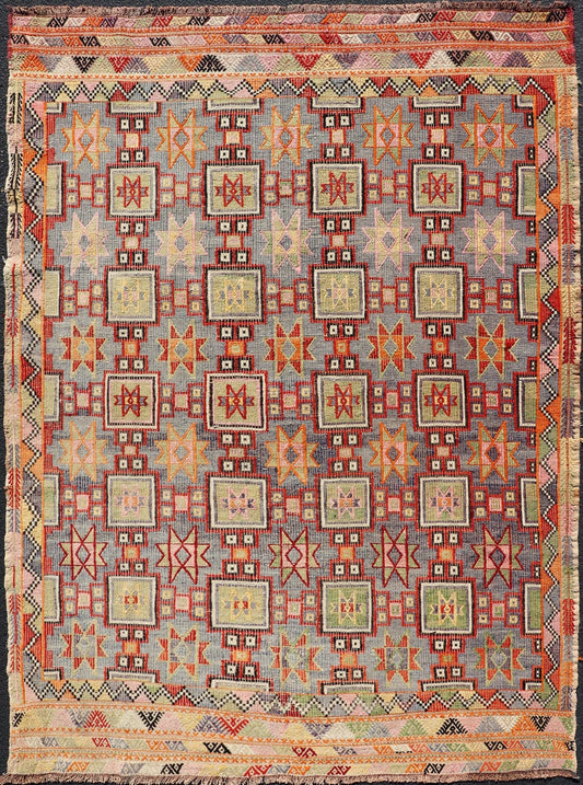 Measures: 6'4 x 8'9 Colorful Vintage Turkish Kilim Embroidered with Star Design in Gray and Green. Keivan Woven Arts / rug / TU - NED - 4699, country of origin / type: Turkey / Kilim, circa 1950 Featuring tribal shapes of stars and boxes with a spot... - Keivan Woven ArtsTU - NED - 4699 - 22165