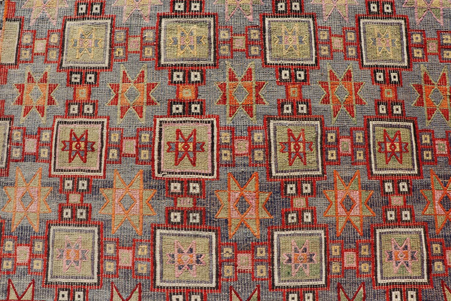 Measures: 6'4 x 8'9 Colorful Vintage Turkish Kilim Embroidered with Star Design in Gray and Green. Keivan Woven Arts / rug / TU - NED - 4699, country of origin / type: Turkey / Kilim, circa 1950 Featuring tribal shapes of stars and boxes with a spot... - Keivan Woven ArtsTU - NED - 4699 - 22165Rug