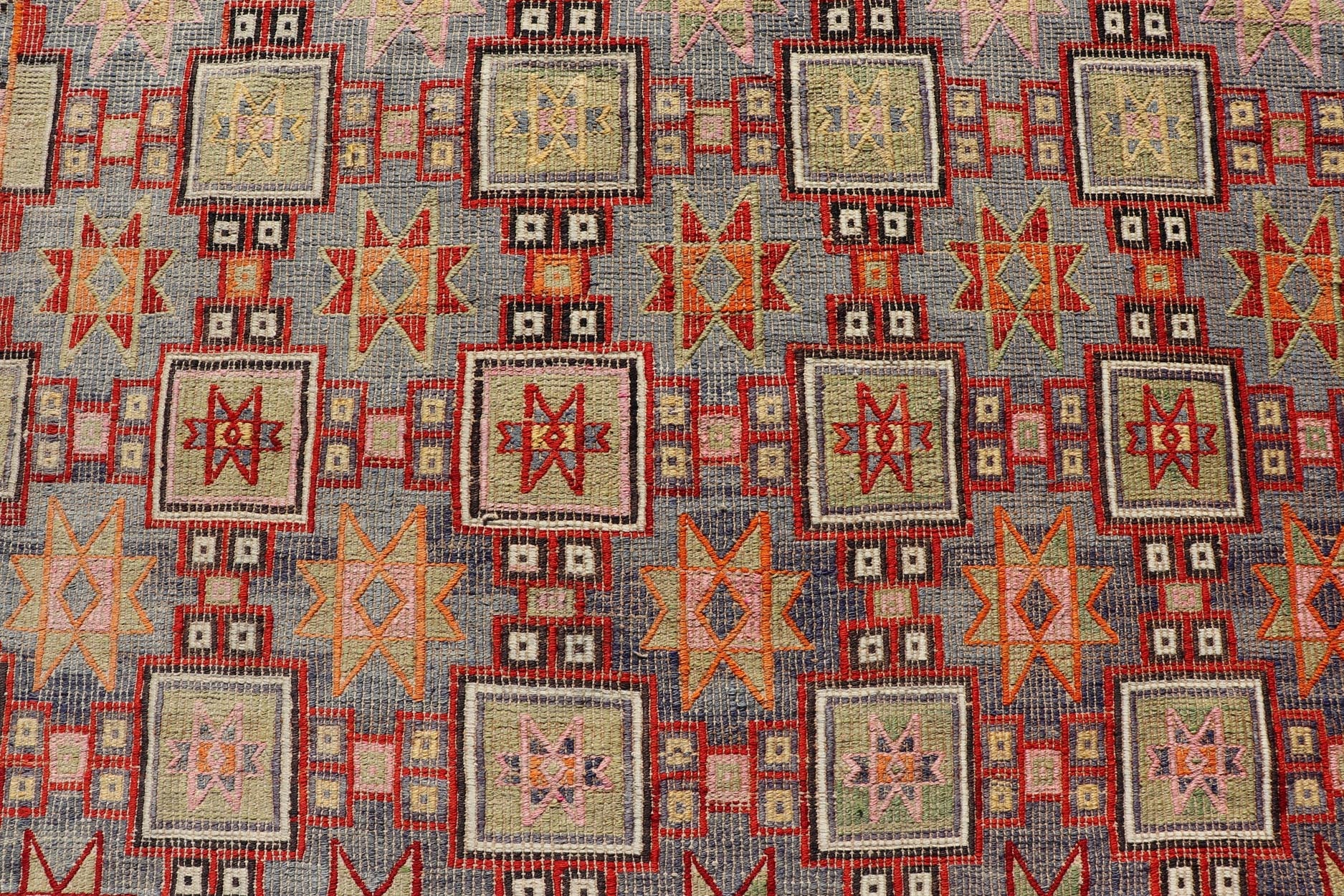 Measures: 6'4 x 8'9 Colorful Vintage Turkish Kilim Embroidered with Star Design in Gray and Green. Keivan Woven Arts / rug / TU - NED - 4699, country of origin / type: Turkey / Kilim, circa 1950 Featuring tribal shapes of stars and boxes with a spot... - Keivan Woven ArtsTU - NED - 4699 - 22165Rug