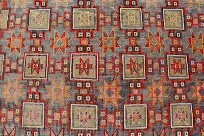 Measures: 6'4 x 8'9 Colorful Vintage Turkish Kilim Embroidered with Star Design in Gray and Green. Keivan Woven Arts / rug / TU - NED - 4699, country of origin / type: Turkey / Kilim, circa 1950 Featuring tribal shapes of stars and boxes with a spot... - Keivan Woven ArtsTU - NED - 4699 - 22165Rug