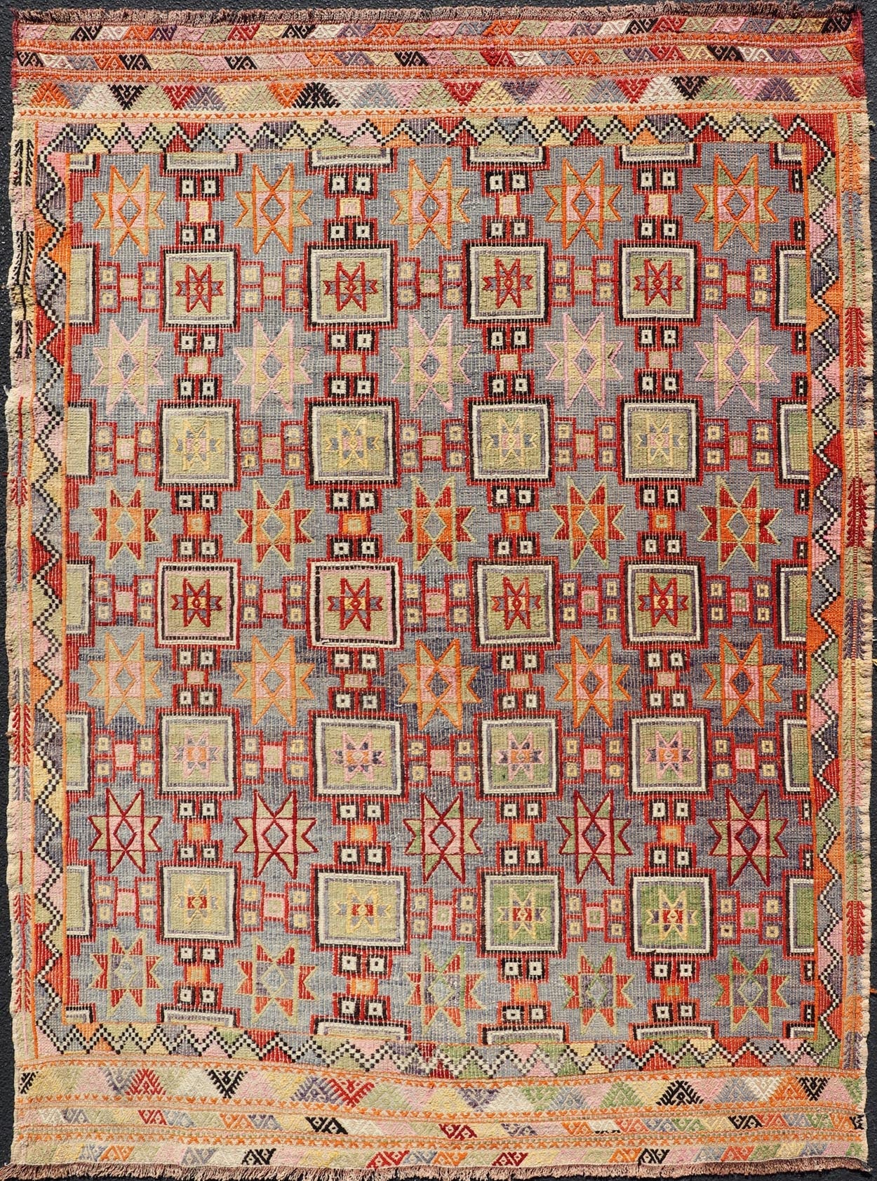 Measures: 6'4 x 8'9 Colorful Vintage Turkish Kilim Embroidered with Star Design in Gray and Green. Keivan Woven Arts / rug / TU - NED - 4699, country of origin / type: Turkey / Kilim, circa 1950 Featuring tribal shapes of stars and boxes with a spot... - Keivan Woven ArtsTU - NED - 4699 - 22165Rug