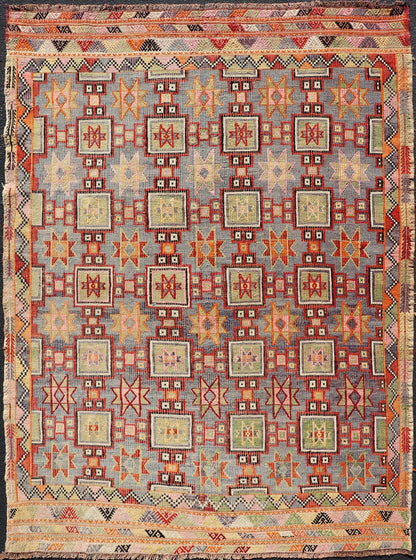 Measures: 6'4 x 8'9 Colorful Vintage Turkish Kilim Embroidered with Star Design in Gray and Green. Keivan Woven Arts / rug / TU - NED - 4699, country of origin / type: Turkey / Kilim, circa 1950 Featuring tribal shapes of stars and boxes with a spot... - Keivan Woven ArtsTU - NED - 4699 - 22165Rug