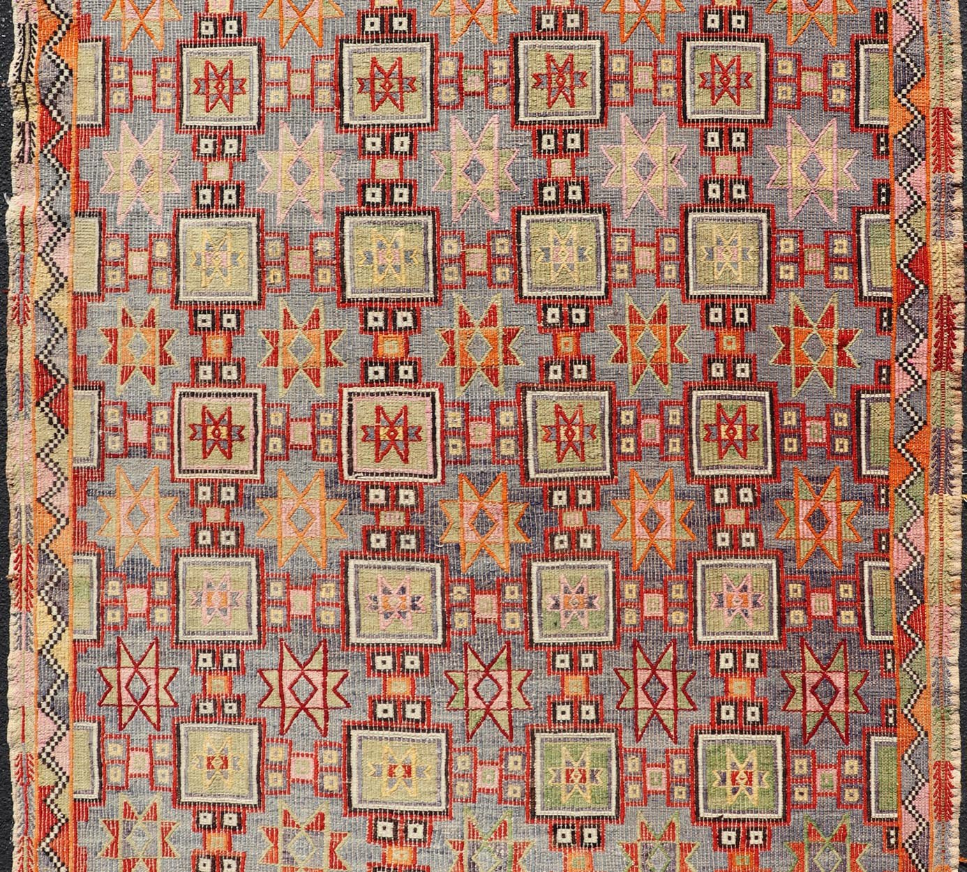 Measures: 6'4 x 8'9 Colorful Vintage Turkish Kilim Embroidered with Star Design in Gray and Green. Keivan Woven Arts / rug / TU - NED - 4699, country of origin / type: Turkey / Kilim, circa 1950 Featuring tribal shapes of stars and boxes with a spot... - Keivan Woven ArtsTU - NED - 4699 - 22165Rug