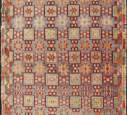Measures: 6'4 x 8'9 Colorful Vintage Turkish Kilim Embroidered with Star Design in Gray and Green. Keivan Woven Arts / rug / TU - NED - 4699, country of origin / type: Turkey / Kilim, circa 1950 Featuring tribal shapes of stars and boxes with a spot... - Keivan Woven ArtsTU - NED - 4699 - 22165Rug