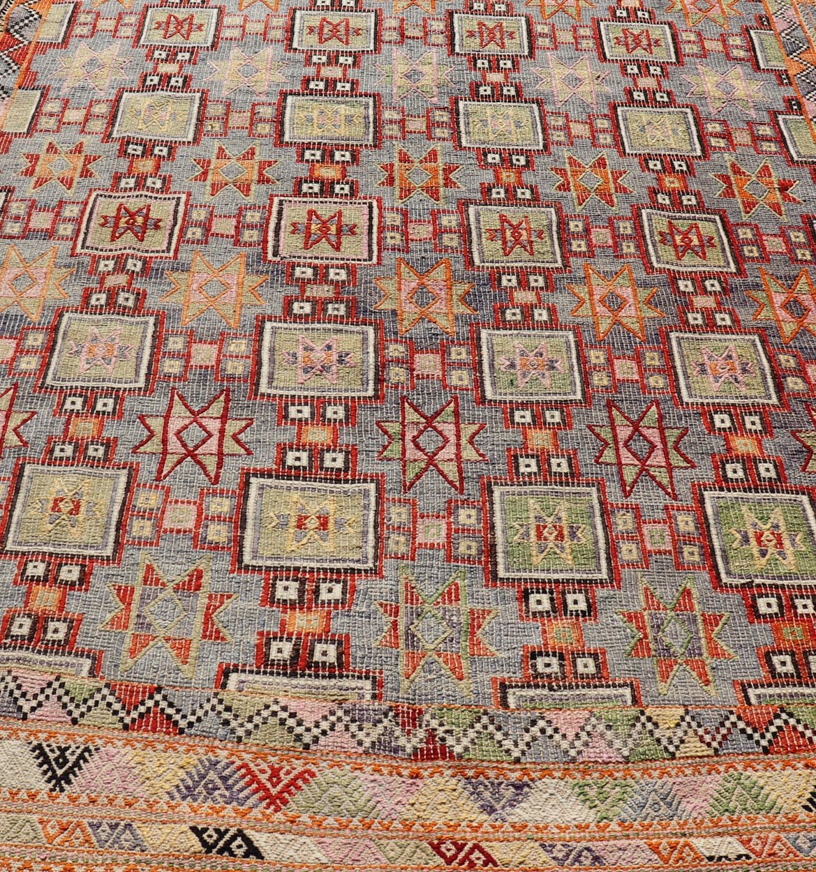 Measures: 6'4 x 8'9 Colorful Vintage Turkish Kilim Embroidered with Star Design in Gray and Green. Keivan Woven Arts / rug / TU - NED - 4699, country of origin / type: Turkey / Kilim, circa 1950 Featuring tribal shapes of stars and boxes with a spot... - Keivan Woven ArtsTU - NED - 4699 - 22165Rug