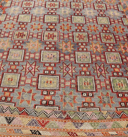 Measures: 6'4 x 8'9 Colorful Vintage Turkish Kilim Embroidered with Star Design in Gray and Green. Keivan Woven Arts / rug / TU - NED - 4699, country of origin / type: Turkey / Kilim, circa 1950 Featuring tribal shapes of stars and boxes with a spot... - Keivan Woven ArtsTU - NED - 4699 - 22165Rug