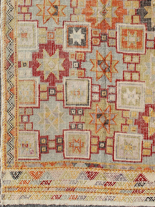 Colorful Vintage Turkish Flat - Weave Tribal Modern Kilim with Embroideries Vintage Turkish flat - weave Tribal Modern kilim with embroideries in multi - colors, Keivan Woven Arts / rug / TU - NED - 4716. Rendered in star shapes with a spotted and spe... - Keivan Woven ArtsTU - NED - 4716 - 9204