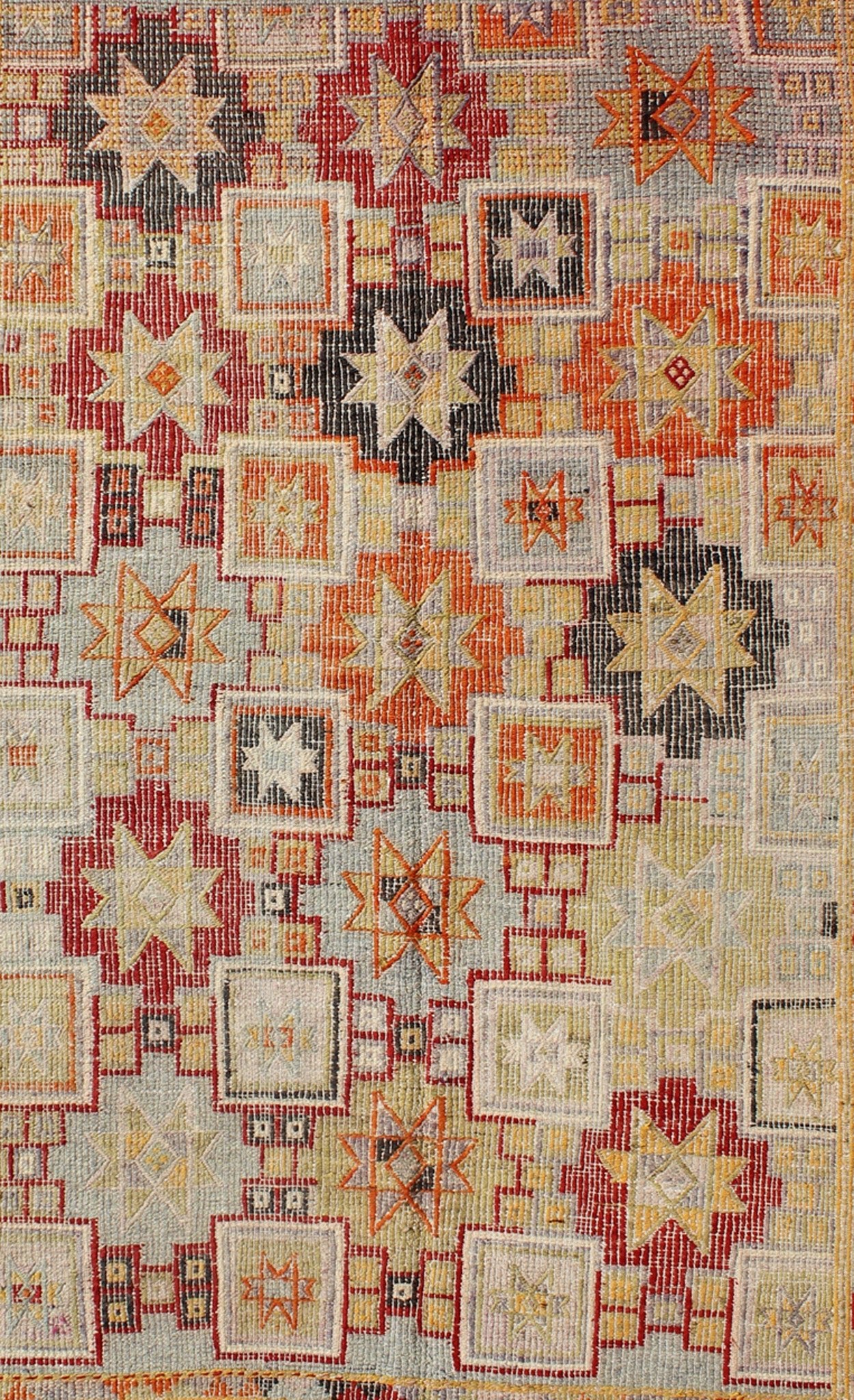 Colorful Vintage Turkish Flat - Weave Tribal Modern Kilim with Embroideries Vintage Turkish flat - weave Tribal Modern kilim with embroideries in multi - colors, Keivan Woven Arts / rug / TU - NED - 4716. Rendered in star shapes with a spotted and spe... - Keivan Woven ArtsTU - NED - 4716 - 9204Rug
