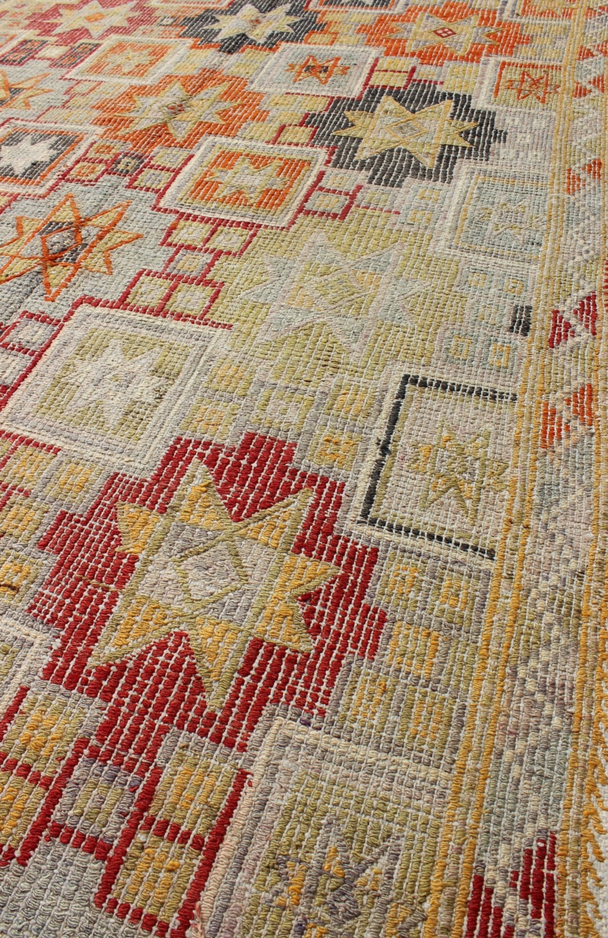 Colorful Vintage Turkish Flat - Weave Tribal Modern Kilim with Embroideries Vintage Turkish flat - weave Tribal Modern kilim with embroideries in multi - colors, Keivan Woven Arts / rug / TU - NED - 4716. Rendered in star shapes with a spotted and spe... - Keivan Woven ArtsTU - NED - 4716 - 9204Rug