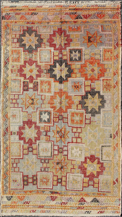 Colorful Vintage Turkish Flat - Weave Tribal Modern Kilim with Embroideries Vintage Turkish flat - weave Tribal Modern kilim with embroideries in multi - colors, Keivan Woven Arts / rug / TU - NED - 4716. Rendered in star shapes with a spotted and spe... - Keivan Woven ArtsTU - NED - 4716 - 9204Rug