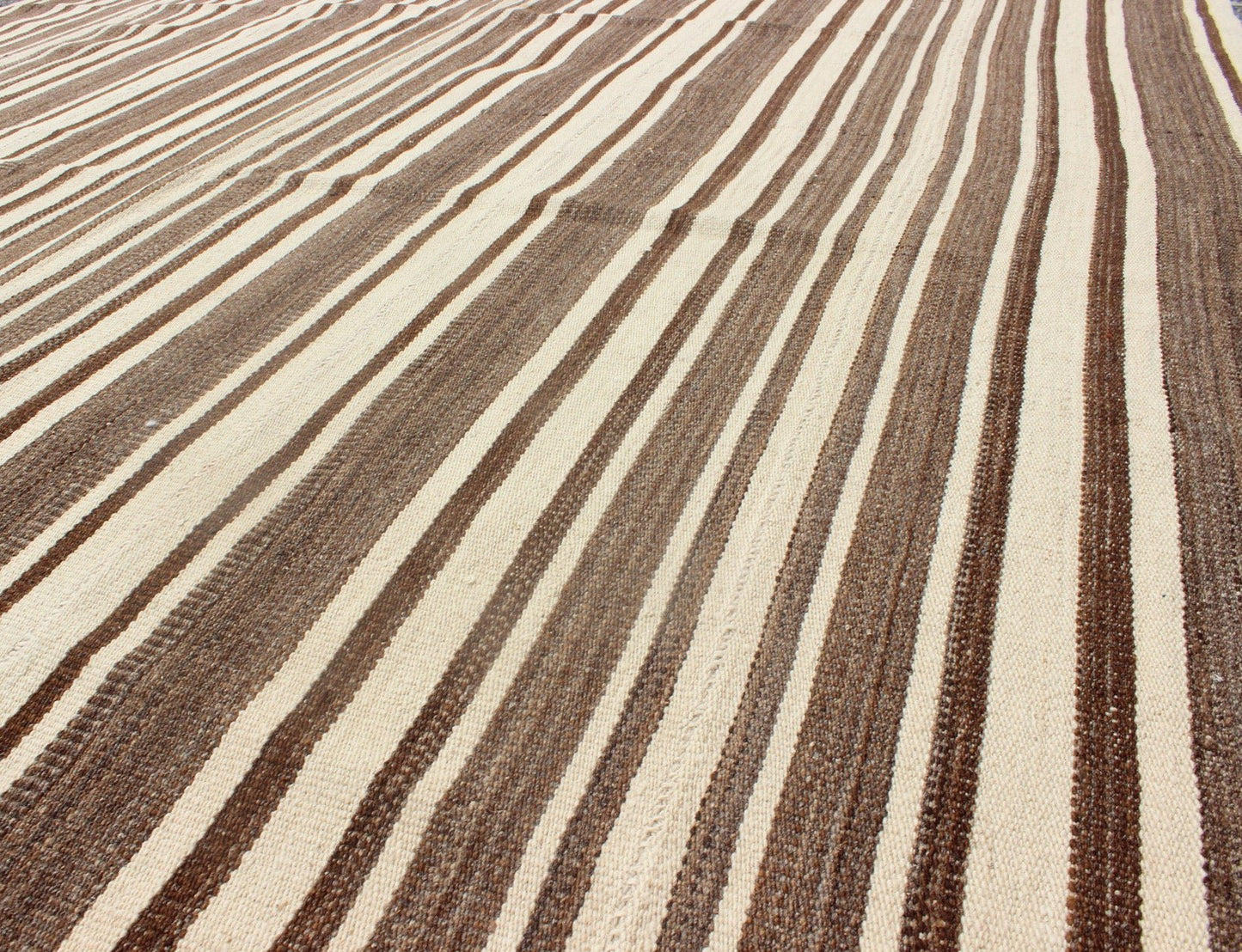 Vintage Turkish Flat - Weave In Muted Colored Kilim in Taupe, Brown and Cream Minimalist design Kilim from Turkey, rug TU - NED - 4724, country of origin / type: Turkey / Kilim, circa 1950 Keivan Woven Arts This vintage flat - woven Kilim feature... - Keivan Woven ArtsTU - NED - 4724 - 9216Rug