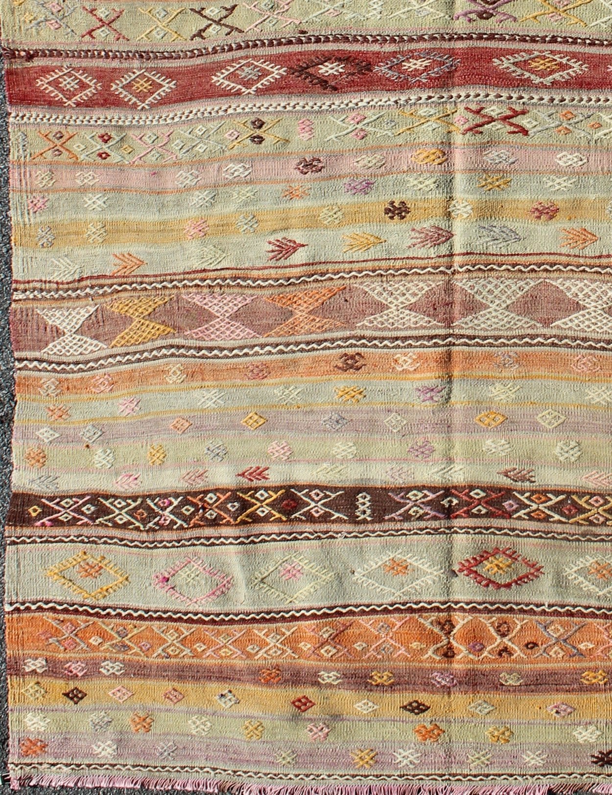 Keivan Woven Arts, Tu - Ned - 4728, 1950's Vintage Turkish Kilim Rug, Stripe design in multi - colors Turkish Kilim flat - weave vintage rug with geometric motifs, rug tu - ned - 4728, country of origin / type: turkey / Kilim, circa 1950. Featuring geometric tr... - Keivan Woven ArtsTU - NED - 4728 - 9212Rug