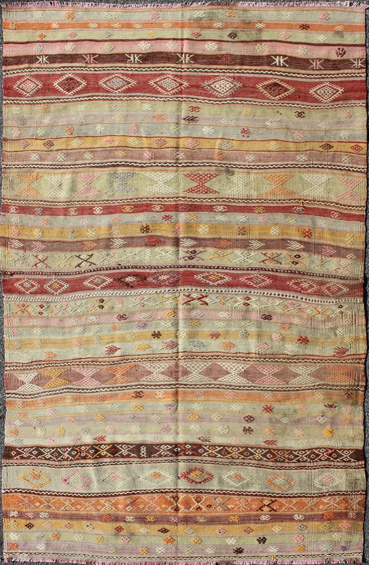 Keivan Woven Arts, Tu - Ned - 4728, 1950's Vintage Turkish Kilim Rug, Stripe design in multi - colors Turkish Kilim flat - weave vintage rug with geometric motifs, rug tu - ned - 4728, country of origin / type: turkey / Kilim, circa 1950. Featuring geometric tr... - Keivan Woven ArtsTU - NED - 4728 - 9212Rug