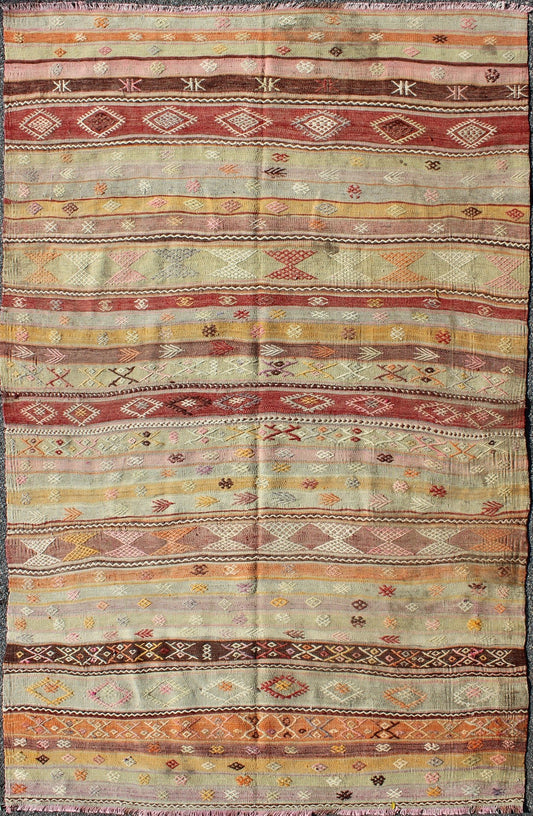 Keivan Woven Arts, Tu - Ned - 4728, 1950's Vintage Turkish Kilim Rug, Stripe design in multi - colors Turkish Kilim flat - weave vintage rug with geometric motifs, rug tu - ned - 4728, country of origin / type: turkey / Kilim, circa 1950. Featuring geometric tr... - Keivan Woven ArtsTU - NED - 4728 - 9212