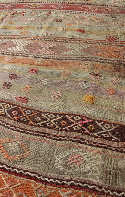 Keivan Woven Arts, Tu - Ned - 4728, 1950's Vintage Turkish Kilim Rug, Stripe design in multi - colors Turkish Kilim flat - weave vintage rug with geometric motifs, rug tu - ned - 4728, country of origin / type: turkey / Kilim, circa 1950. Featuring geometric tr... - Keivan Woven ArtsTU - NED - 4728 - 9212Rug
