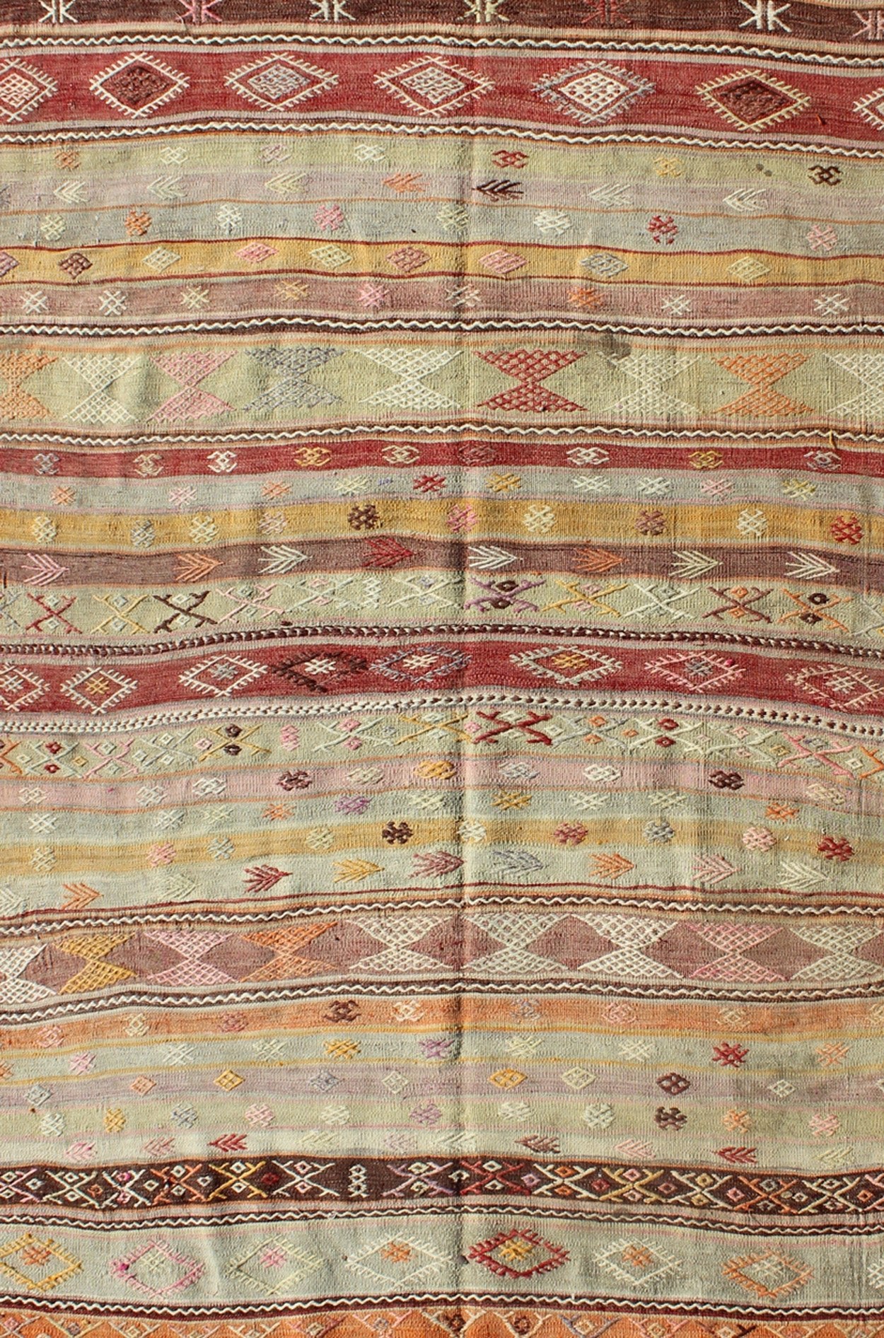 Keivan Woven Arts, Tu - Ned - 4728, 1950's Vintage Turkish Kilim Rug, Stripe design in multi - colors Turkish Kilim flat - weave vintage rug with geometric motifs, rug tu - ned - 4728, country of origin / type: turkey / Kilim, circa 1950. Featuring geometric tr... - Keivan Woven ArtsTU - NED - 4728 - 9212Rug