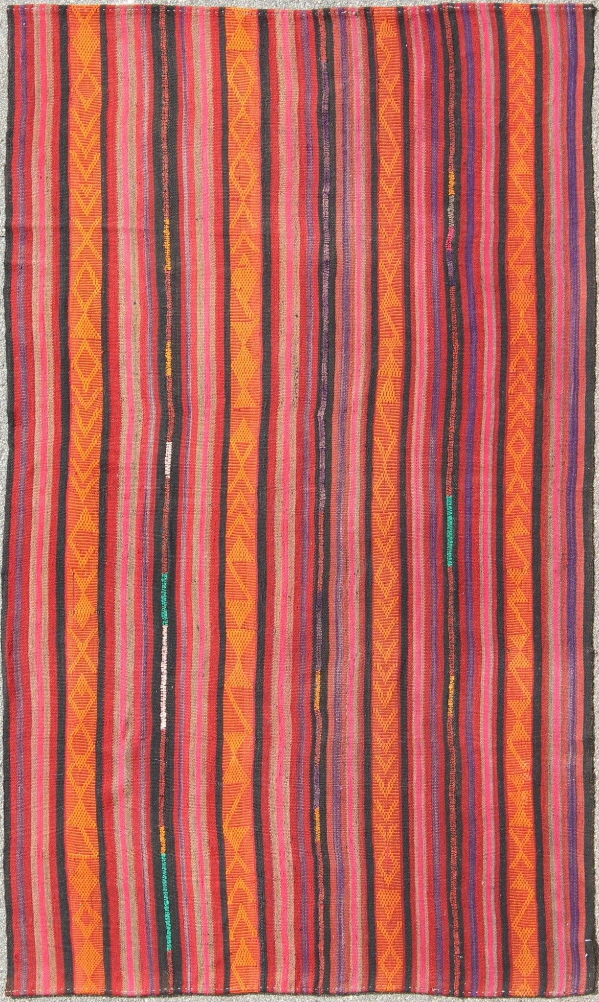 Vintage Flat - Weave Turkish Kilim in Charcoal, Orange, Purple, Red and Pink. Kilim vintage rug from Turkey with striped pattern, rug Tu - Ned - 4733, country of origin / type: Turkey / Kilim, circa 1940 This tribal Kilim from Turkey bears vertica... - Keivan Woven ArtsTU - NED - 4733 - 9222Rug