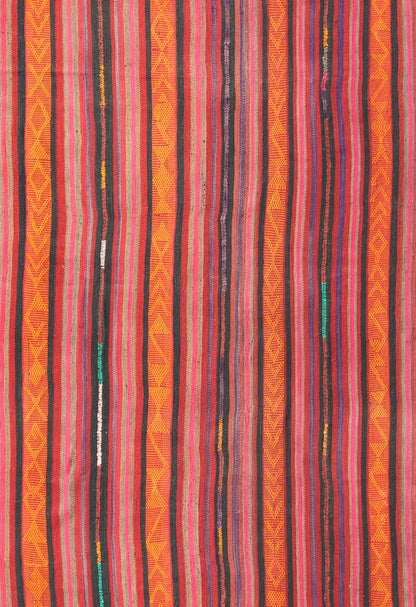 Vintage Flat - Weave Turkish Kilim in Charcoal, Orange, Purple, Red and Pink. Kilim vintage rug from Turkey with striped pattern, rug Tu - Ned - 4733, country of origin / type: Turkey / Kilim, circa 1940 This tribal Kilim from Turkey bears vertica... - Keivan Woven ArtsTU - NED - 4733 - 9222Rug