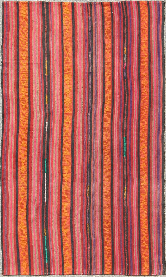 Vintage Flat - Weave Turkish Kilim in Charcoal, Orange, Purple, Red and Pink. Kilim vintage rug from Turkey with striped pattern, rug Tu - Ned - 4733, country of origin / type: Turkey / Kilim, circa 1940 This tribal Kilim from Turkey bears vertica... - Keivan Woven ArtsTU - NED - 4733 - 9222
