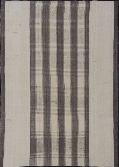 Large Vintage Hand Woven Turkish Kilim Rug With Stripes in Gray, White & Cream Flat - weave Kilim vintage rug from Turkey with stripes in gray, white, taupe, and cream. Keivan Woven Arts / Rug TU - NED - 4971, country of origin / type: Turkey / Kilim,... - Keivan Woven ArtsTU - NED - 4971 - 17190Rug
