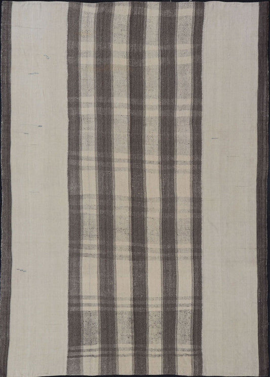 Large Vintage Hand Woven Turkish Kilim Rug With Stripes in Gray, White & Cream Flat - weave Kilim vintage rug from Turkey with stripes in gray, white, taupe, and cream. Keivan Woven Arts / Rug TU - NED - 4971, country of origin / type: Turkey / Kilim,... - Keivan Woven ArtsTU - NED - 4971 - 17190Rug