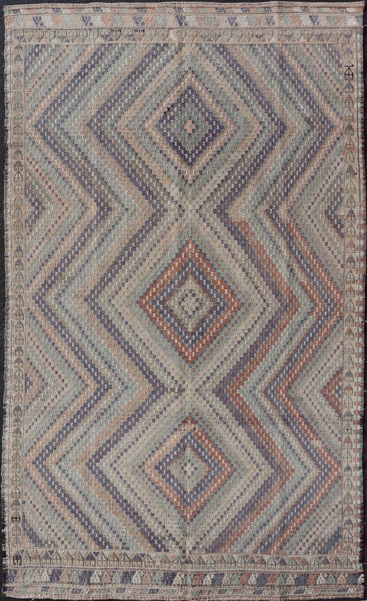 Vintage Turkish Hand Woven Kilim Rug in Wool with Diamond Design. Vintage Turkish Hand Woven Kilim Rug in Wool with Diamond Design. Vintage Kilim rug with all - over sub - geometric diamond design, Keivan Woven Arts; rug TU - NED - 50001, country of o... - Keivan Woven ArtsTU - NED - 50001 - 22375Rug