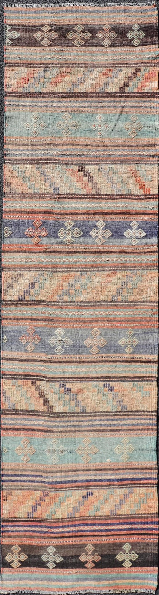 Measures: 2'10 x 11'9 Colorful Vintage Embroidered Kilim Runner with Stripe's and Geometric Motifs. Keivan Woven Arts / rug TU - NED - 5001, country of origin / type: Turkey / Kilim, circa 1950 This vintage Kilim displays an array of designs, includ... - Keivan Woven ArtsTU - NED - 5001 - 22171