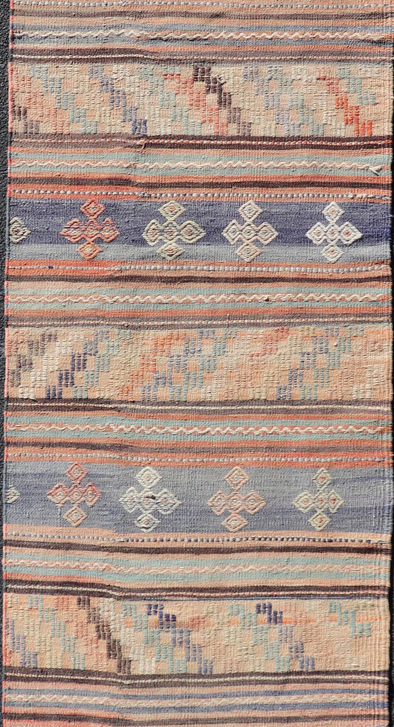 Measures: 2'10 x 11'9 Colorful Vintage Embroidered Kilim Runner with Stripe's and Geometric Motifs. Keivan Woven Arts / rug TU - NED - 5001, country of origin / type: Turkey / Kilim, circa 1950 This vintage Kilim displays an array of designs, includ... - Keivan Woven ArtsTU - NED - 5001 - 22171Rug