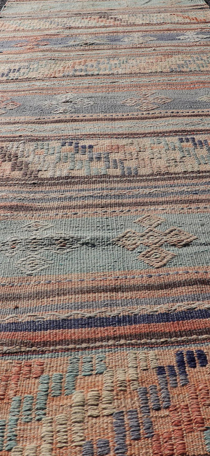 Measures: 2'10 x 11'9 Colorful Vintage Embroidered Kilim Runner with Stripe's and Geometric Motifs. Keivan Woven Arts / rug TU - NED - 5001, country of origin / type: Turkey / Kilim, circa 1950 This vintage Kilim displays an array of designs, includ... - Keivan Woven ArtsTU - NED - 5001 - 22171Rug
