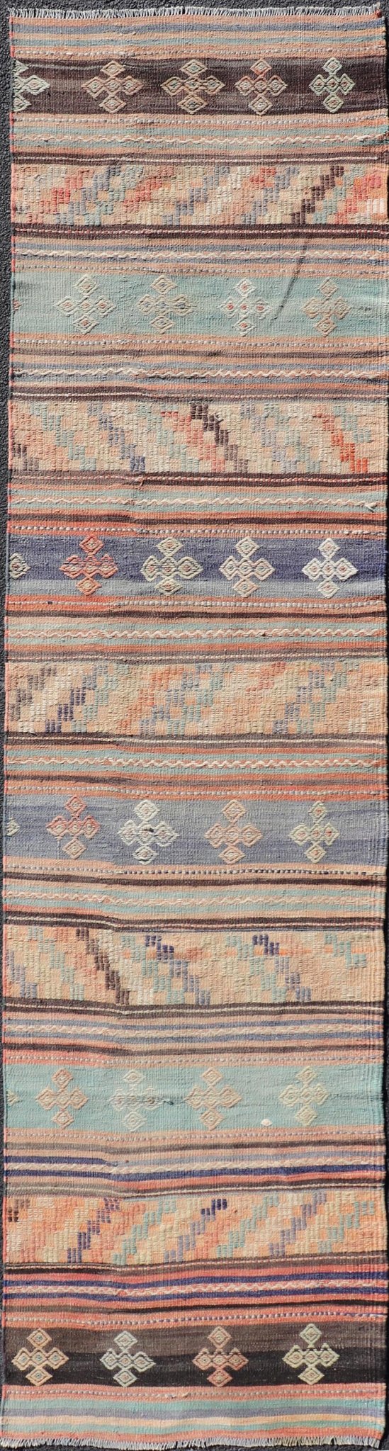 Measures: 2'10 x 11'9 Colorful Vintage Embroidered Kilim Runner with Stripe's and Geometric Motifs. Keivan Woven Arts / rug TU - NED - 5001, country of origin / type: Turkey / Kilim, circa 1950 This vintage Kilim displays an array of designs, includ... - Keivan Woven ArtsTU - NED - 5001 - 22171Rug