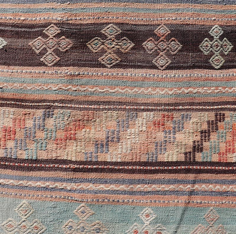 Measures: 2'10 x 11'9 Colorful Vintage Embroidered Kilim Runner with Stripe's and Geometric Motifs. Keivan Woven Arts / rug TU - NED - 5001, country of origin / type: Turkey / Kilim, circa 1950 This vintage Kilim displays an array of designs, includ... - Keivan Woven ArtsTU - NED - 5001 - 22171Rug