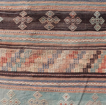 Measures: 2'10 x 11'9 Colorful Vintage Embroidered Kilim Runner with Stripe's and Geometric Motifs. Keivan Woven Arts / rug TU - NED - 5001, country of origin / type: Turkey / Kilim, circa 1950 This vintage Kilim displays an array of designs, includ... - Keivan Woven ArtsTU - NED - 5001 - 22171Rug