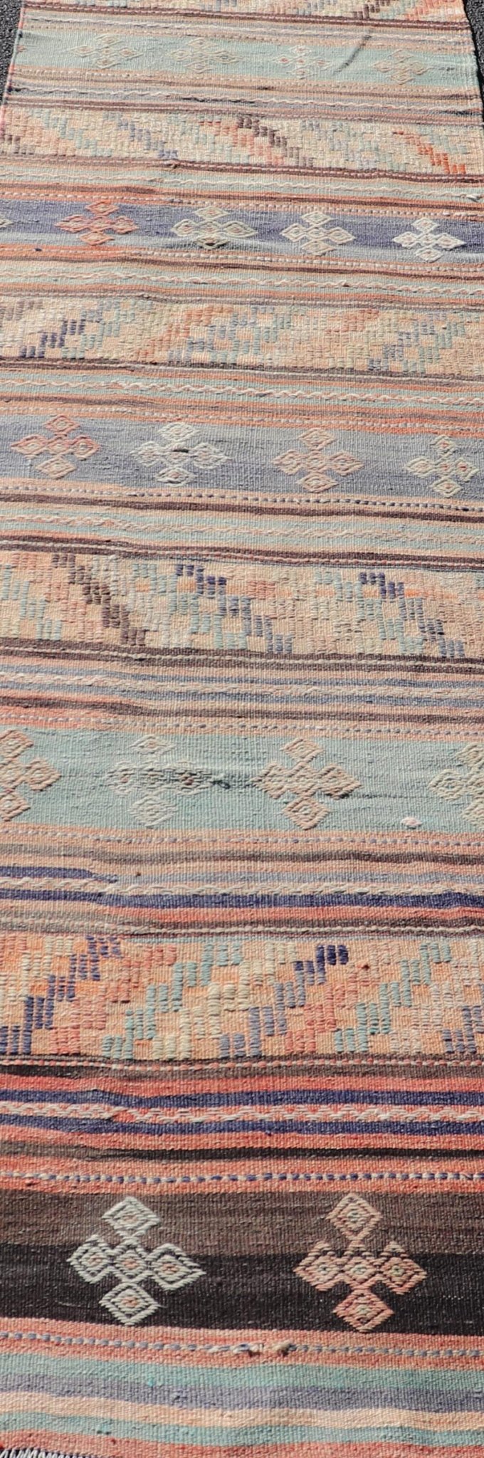 Measures: 2'10 x 11'9 Colorful Vintage Embroidered Kilim Runner with Stripe's and Geometric Motifs. Keivan Woven Arts / rug TU - NED - 5001, country of origin / type: Turkey / Kilim, circa 1950 This vintage Kilim displays an array of designs, includ... - Keivan Woven ArtsTU - NED - 5001 - 22171Rug