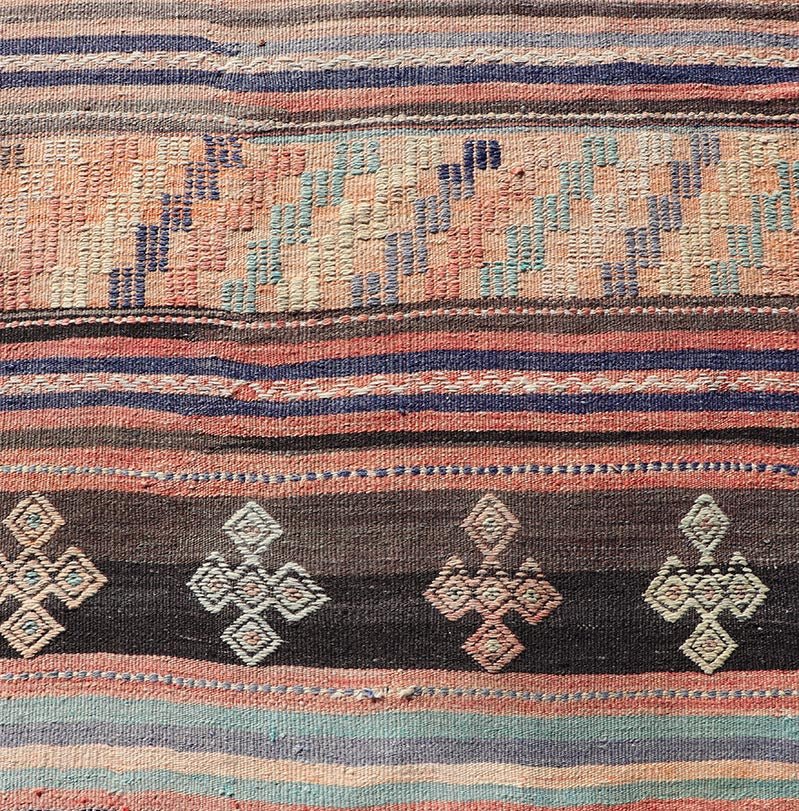 Measures: 2'10 x 11'9 Colorful Vintage Embroidered Kilim Runner with Stripe's and Geometric Motifs. Keivan Woven Arts / rug TU - NED - 5001, country of origin / type: Turkey / Kilim, circa 1950 This vintage Kilim displays an array of designs, includ... - Keivan Woven ArtsTU - NED - 5001 - 22171Rug