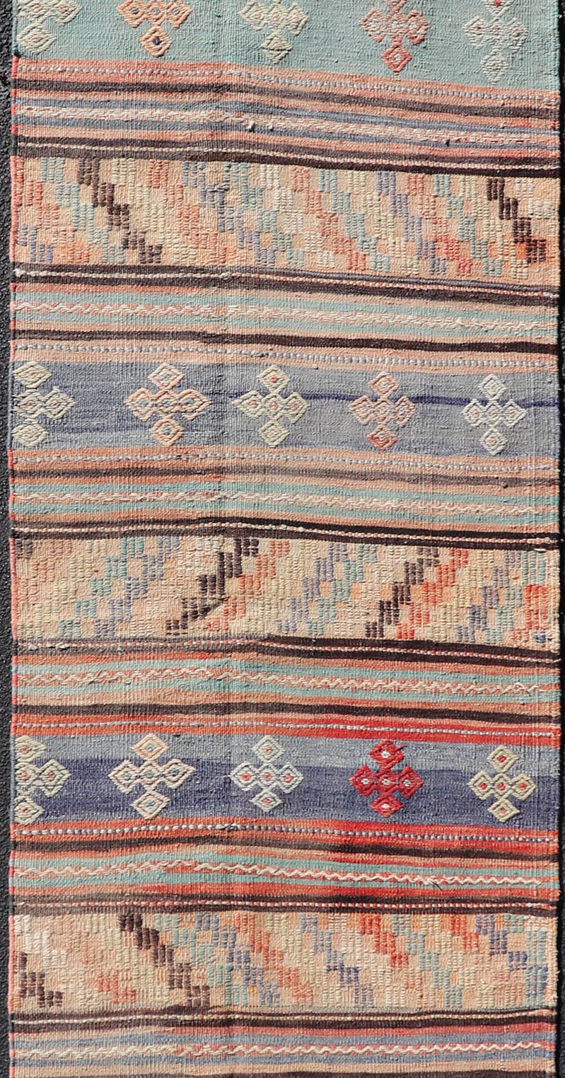 Measures: 2'10 x 11'3 Vintage Turkish Kilim Runner with Geometric Design and Colorful Stripes. Keivan Woven Arts / rug TU - NED - 5002, country of origin / type: turkey / Kilim, circa mid - 20th century Featuring geometric shapes rendered in a repeati... - Keivan Woven ArtsTU - NED - 5002 - 22177Rug