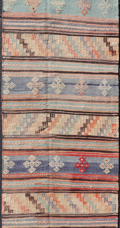 Measures: 2'10 x 11'3 Vintage Turkish Kilim Runner with Geometric Design and Colorful Stripes. Keivan Woven Arts / rug TU - NED - 5002, country of origin / type: turkey / Kilim, circa mid - 20th century Featuring geometric shapes rendered in a repeati... - Keivan Woven ArtsTU - NED - 5002 - 22177Rug