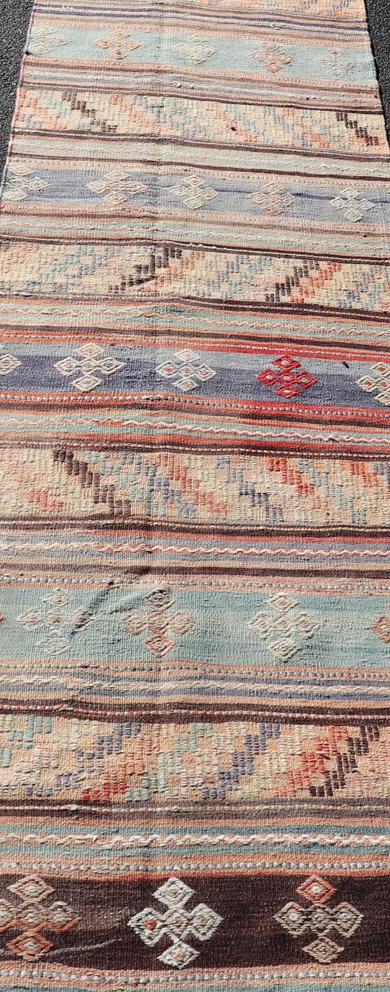 Measures: 2'10 x 11'3 Vintage Turkish Kilim Runner with Geometric Design and Colorful Stripes. Keivan Woven Arts / rug TU - NED - 5002, country of origin / type: turkey / Kilim, circa mid - 20th century Featuring geometric shapes rendered in a repeati... - Keivan Woven ArtsTU - NED - 5002 - 22177Rug