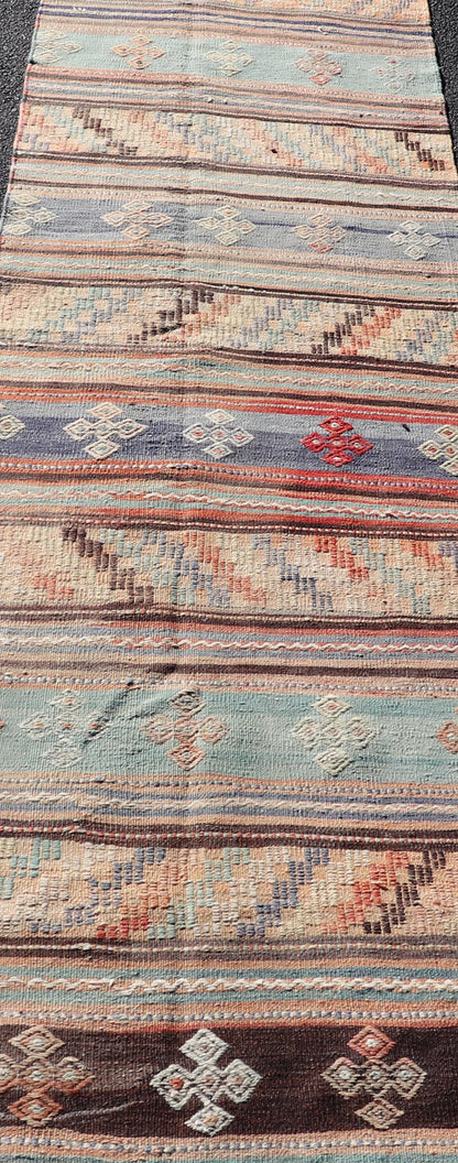 Measures: 2'10 x 11'3 Vintage Turkish Kilim Runner with Geometric Design and Colorful Stripes. Keivan Woven Arts / rug TU - NED - 5002, country of origin / type: turkey / Kilim, circa mid - 20th century Featuring geometric shapes rendered in a repeati... - Keivan Woven ArtsTU - NED - 5002 - 22177Rug