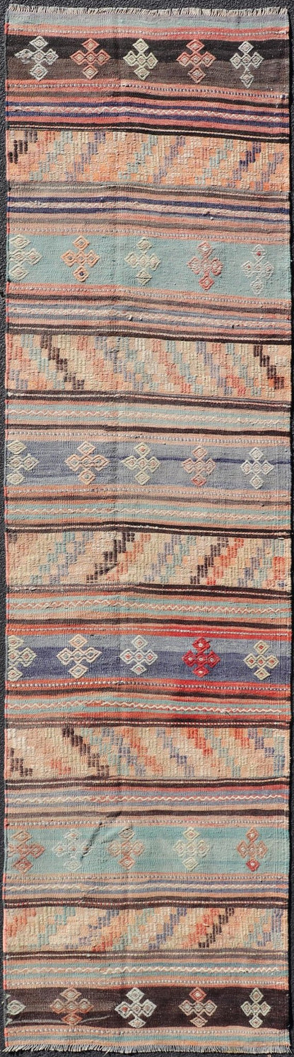 Measures: 2'10 x 11'3 Vintage Turkish Kilim Runner with Geometric Design and Colorful Stripes. Keivan Woven Arts / rug TU - NED - 5002, country of origin / type: turkey / Kilim, circa mid - 20th century Featuring geometric shapes rendered in a repeati... - Keivan Woven ArtsTU - NED - 5002 - 22177Rug