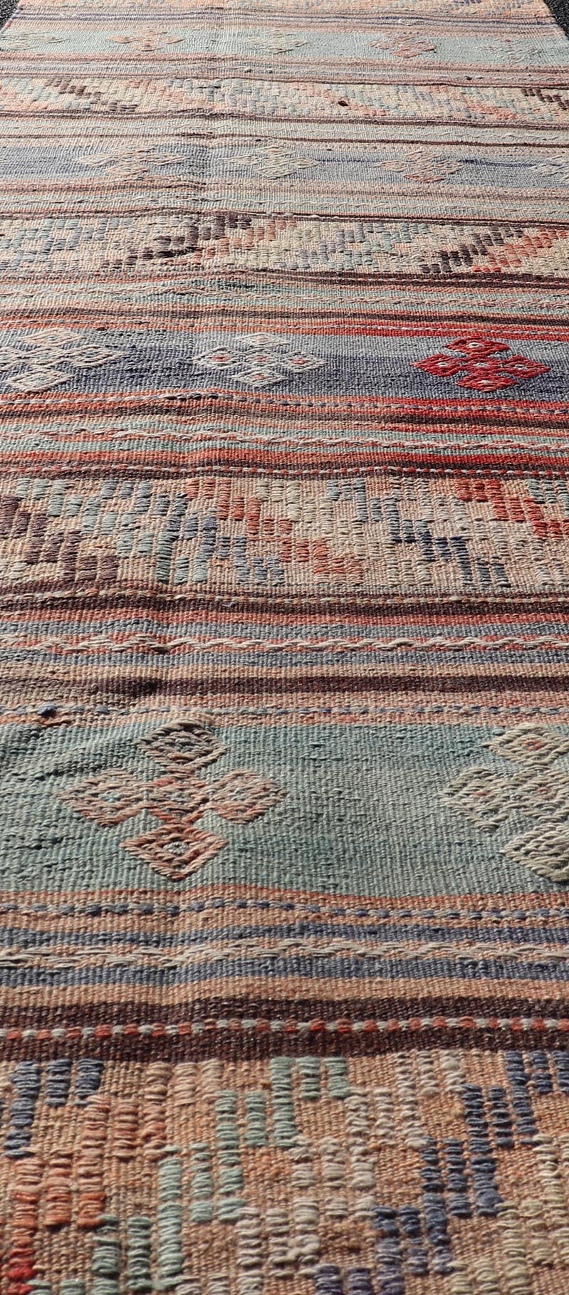 Measures: 2'10 x 11'3 Vintage Turkish Kilim Runner with Geometric Design and Colorful Stripes. Keivan Woven Arts / rug TU - NED - 5002, country of origin / type: turkey / Kilim, circa mid - 20th century Featuring geometric shapes rendered in a repeati... - Keivan Woven ArtsTU - NED - 5002 - 22177Rug